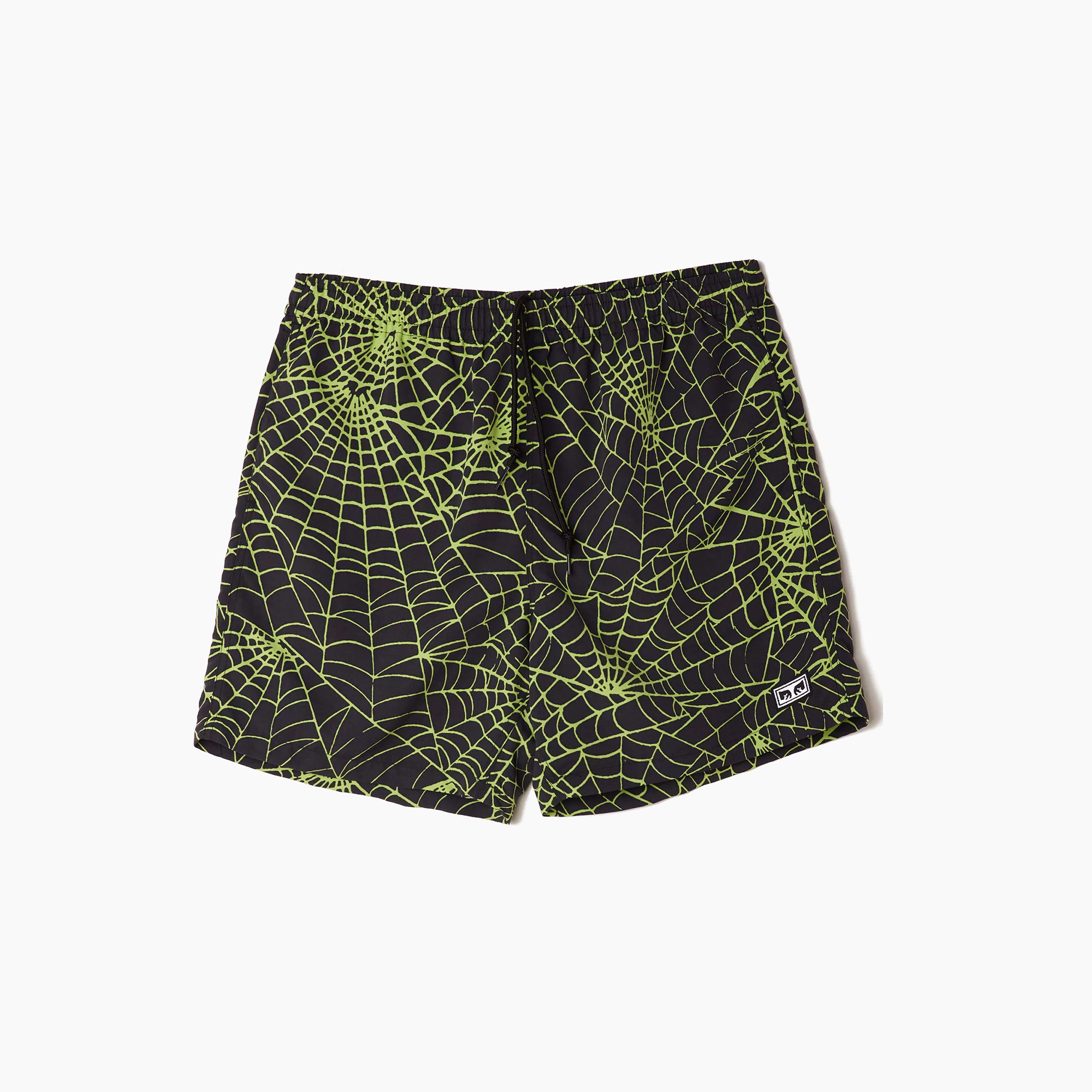 Bañador Obey Easy Relaxed Web Short Lime Pantalón corto para natación Diseño de telas de araña Color verde lima Cintura elástica Relaxed fit Etiqueta Obey Nylon Ropa de playa Moda veraniega Bañadores de alta calidad Ropa de baño de marca Moda urbana Streetwear Moda masculina.